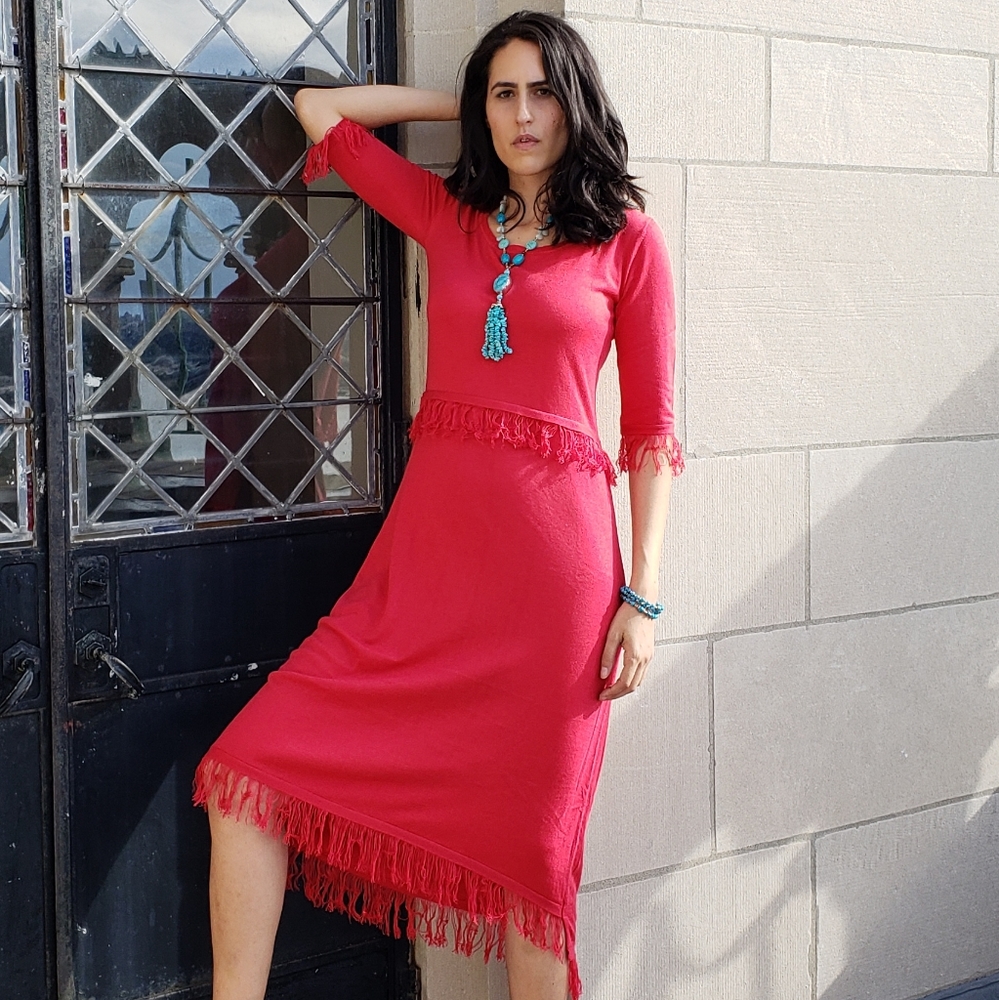 Cashmere Silk Fringe Dress -  Red